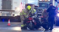 Police are searching for a motorcyclist who fled the scene of a fiery explosion in Adelaide that was caught on CCTV.