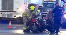 Police are searching for a motorcyclist who fled the scene of a fiery explosion in Adelaide that was caught on CCTV.