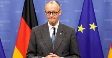 Friedrich Merz stands at a podium during a media conference, with German and EU flags in the background.