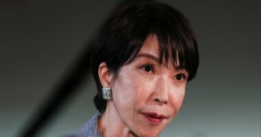 Sanae Takaichi speaks, wearing a gray blazer and square earrings