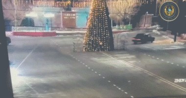 Late-night joyride ends in disaster as driver smashes into towering Christmas tree on camera