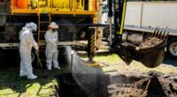 Cleanup workers are seen undertaking maintenance on a sewage pipe in Wentworth Park.