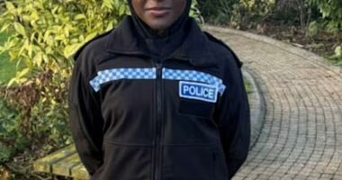 Magnetic hijabs could be rolled out across police forces in an effort to attract more female Muslim recruits. Pictured: PC Hafsah Abba-Gana models the new design