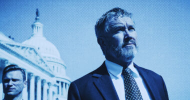 Congressman Thomas Massie standing thoughtfully in front of the U.S. Capitol building, with a blue-toned, halftone filter evoking a dramatic, cinematic style.
