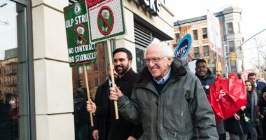Mayor-elect Mamdani and Bernie Sanders picket with striking Starbucks workers