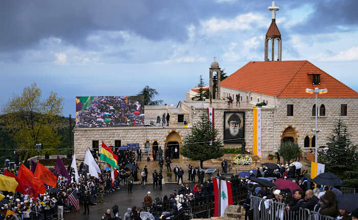 Pope in Lebanon prays for peace at tomb of saint revered by Christians and Muslims alike