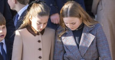 Princess Charlotte's sweet bond with Mia Tindall, 11, was on full display at Sandringham - as cousins were spotted excitedly comparing their Christmas outfits