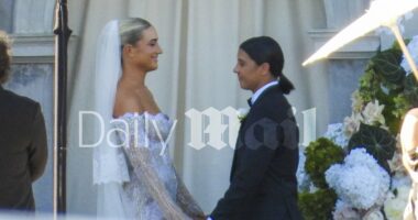 Sam Kerr and Kristie Mewis tie the knot in Aussie sport's wedding of the year as Matildas stars stun in all-black outfits
