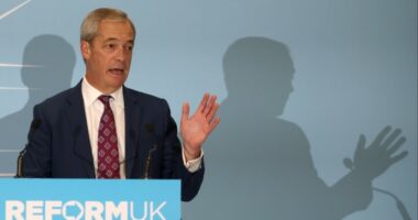 Nigel Farage speaks at a podium labeled &quot;Reform UK&quot;, gesturing with his hand during a conference.