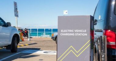 Sydney, Australia - July 18 2019: An electric vehicle charging station is now available to the public at the iconic Bondi Beach in Sydney's east.