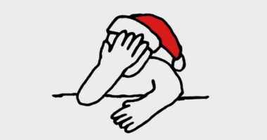 An illustration showing a person in a Santa hat with their face in their hand, suggesting embarrassment or distress