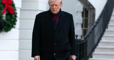 President Donald Trump talks to reporters as he departs from the South Lawn of the White House, Saturday, Dec. 13, 2025, in Washington, en route to Baltimore to attend the Army-Navy football game. (AP Photo/Jose Luis Magana)