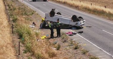 The Tarago lost control and rolled around 5.30 this morning.