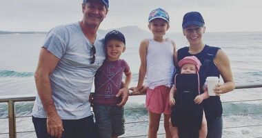 Chris Cairns is pictured with his estranged wife Melanie Crosser and their children before the triple health blow that almost killed him and left him paralysed