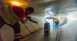 Airplane starts taxiing towards runway with baggage handler trapped