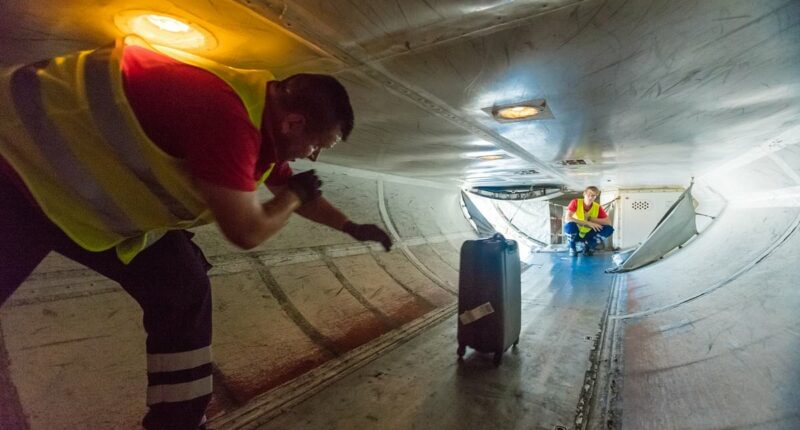 Airplane starts taxiing towards runway with baggage handler trapped