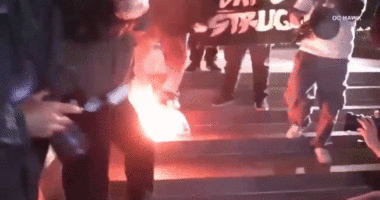 Anti-ICE agitators burn American flag outside California federal building