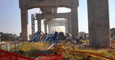 This photo released from State Railway of Thailand, shows a scene after a construction crane fell into a passenger train in Nakhon Ratchasima province, Thailand Wednesday, Jan. 14, 2026. (State Railway of Thailand via AP)