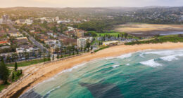 Panoramic drone aerial view over Dee Why beach and Dee Why lagoon, Northern Beaches Sydney NSW Australia
