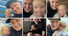 Collage of two tender photos capturing the close bond between Canadian father Gavin Ashley and his daughter Violet. Left: In a restaurant booth with wooden table, Gavin with white hair and dark shirt gently holds Violet close; Violet, in a light sweater with blonde curls, smiles softly while looking up at him. Right: Close-up selfie indoors, Gavin grinning widely as Violet sticks out her tongue playfully, her blonde hair framing her mischievous expression.