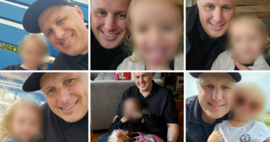 Collage of two tender photos capturing the close bond between Canadian father Gavin Ashley and his daughter Violet. Left: In a restaurant booth with wooden table, Gavin with white hair and dark shirt gently holds Violet close; Violet, in a light sweater with blonde curls, smiles softly while looking up at him. Right: Close-up selfie indoors, Gavin grinning widely as Violet sticks out her tongue playfully, her blonde hair framing her mischievous expression.
