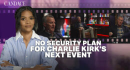 Candace Owens stands with folded arms in a blue striped shirt on a purple studio backdrop, while a horizontal film strip behind her shows multiple stills from Brian Harpole’s interview with Shawn Ryan in a dimly lit bar-style set