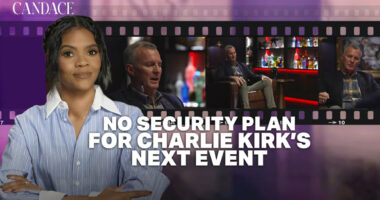 Candace Owens stands with folded arms in a blue striped shirt on a purple studio backdrop, while a horizontal film strip behind her shows multiple stills from Brian Harpole’s interview with Shawn Ryan in a dimly lit bar-style set