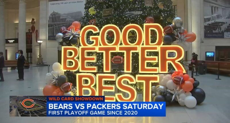 Chicago Bears mascot Staley, Monster Squad hype up fans across city ahead of playoff game against Green Bay Packers