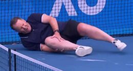 Concern for Channel Nine star Tony Jones as he takes a nasty fall on live TV at the Australian Open
