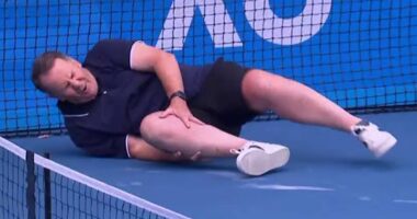 Concern for Channel Nine star Tony Jones as he takes a nasty fall on live TV at the Australian Open