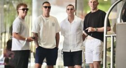 Harry Brook (second right) is on a final warning from the ECB over his conduct after being struck by a bouncer outside a Wellington nightclub in October