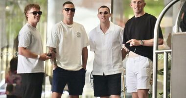 Harry Brook (second right) is on a final warning from the ECB over his conduct after being struck by a bouncer outside a Wellington nightclub in October