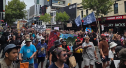 The rally continued, despite the police incident. Picture: Michael Philipps