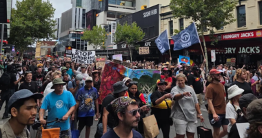 The rally continued, despite the police incident. Picture: Michael Philipps