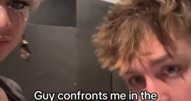Disturbing moment man wearing makeup is bullied for using men's room