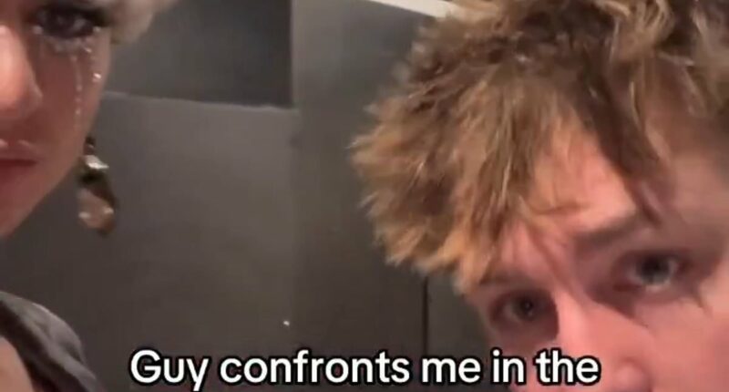 Disturbing moment man wearing makeup is bullied for using men's room