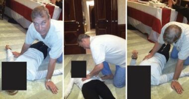 Newly released images from the US DOJ appear to show Andrew Mountbatten-Windsor â formerly Prince Andrew â on the floor with an unidentified person.