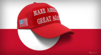A red "Make America Great Again" cap with a US flag patch is placed over the Greenland flag.