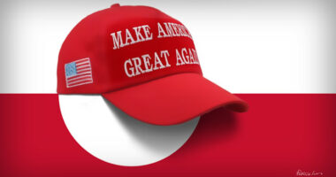 A red "Make America Great Again" cap with a US flag patch is placed over the Greenland flag.
