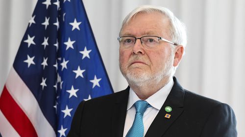 Australian ambassador to the United States, Kevin Rudd, addresses a Technology and Innovation Business reception in Seattle, United States of America, on Saturday 14 June 2025. fedpol Photo: Alex Ellinghausen