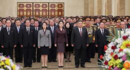 In this photo provided by the North Korean government, leader Kim Jong Un, center right, his wife Ri Sol Ju, third left, and their daughter, center, believed to be named Kim Ju Ae, visit Kumsusan Palace of the Sun in Pyongyang, North Korea, Thursday, Jan. 1, 2026.