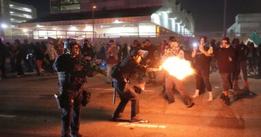 LA descends into chaos as protesters wearing gas masks ATTACK police