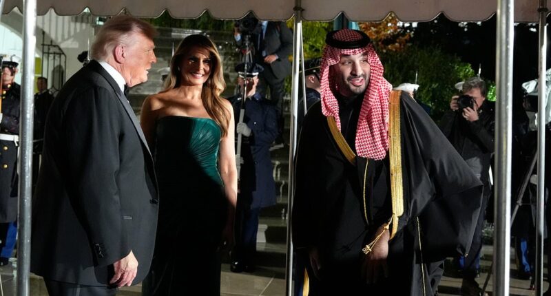 Melania's gesture to Saudi prince as she stuns in strapless green gown