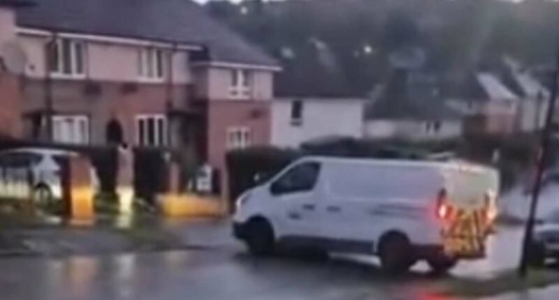 Moment van careers down road and crashes into parked cars