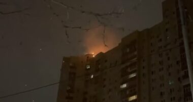 Russian drone blasts into Ukrainian tower block in massive bombardment