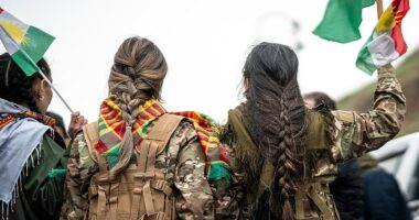 Syrian militiaman shows off what he claims to be severed Kurdish fighter's braid as Damascus asserts control