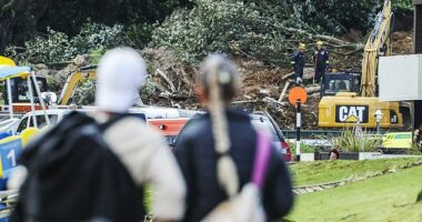 Up to nine people are missing after a landslide hit campervans and a shower block at the Mount Maunganui Beachside Holiday Park in New Zealand's North Island on Thursday