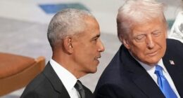 FILE - Former President Barack Obama talks with then President-elect Donald Trump as Melania Trump reads the funeral program before the state funeral for former President Jimmy Carter at Washington National Cathedral in Washington, Jan. 9, 2025. (AP Photo/Jacquelyn Martin, File)