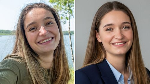 The photo on the left is a stock image of a woman posing for a selfie; the right is the professional headshot Google Gemini generated based on the selfie.