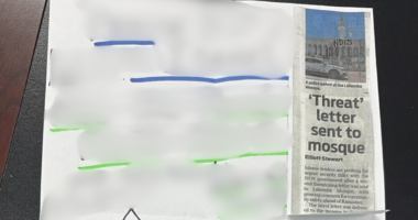 Families 'scared to bring children to prayers' as mosque receives third threatening letter